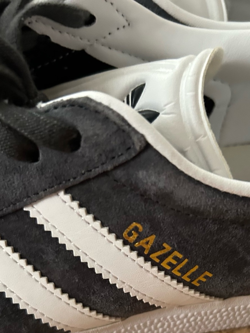 adidas Gazelle Sneakers in Gray, White with Gold Logo